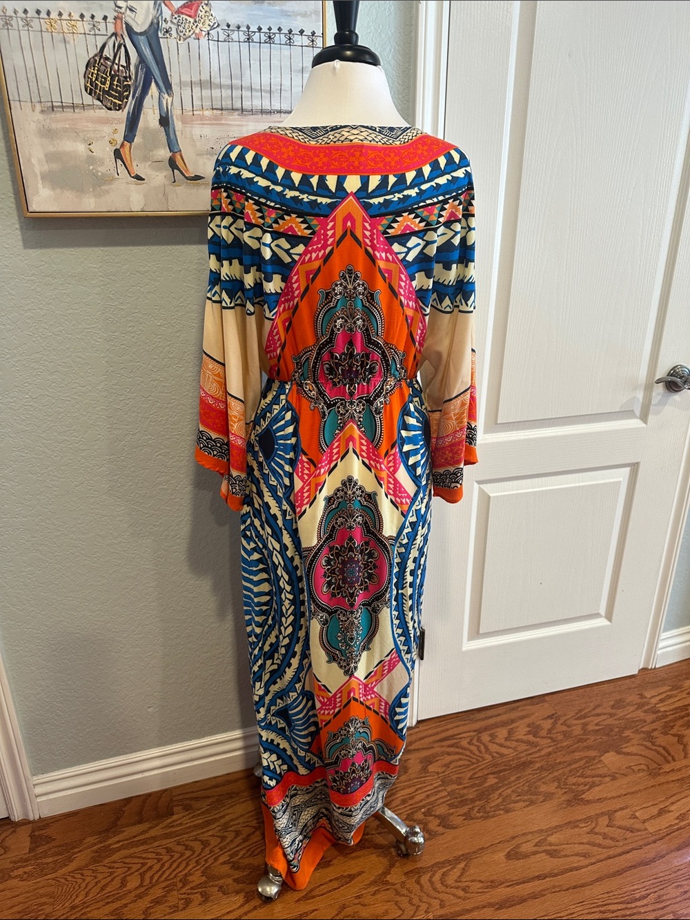 Flying Tomato Sz Large Bold Printed V-Neck Maxi Dress in Blue, Orange, Cream - Picture 5 of 10